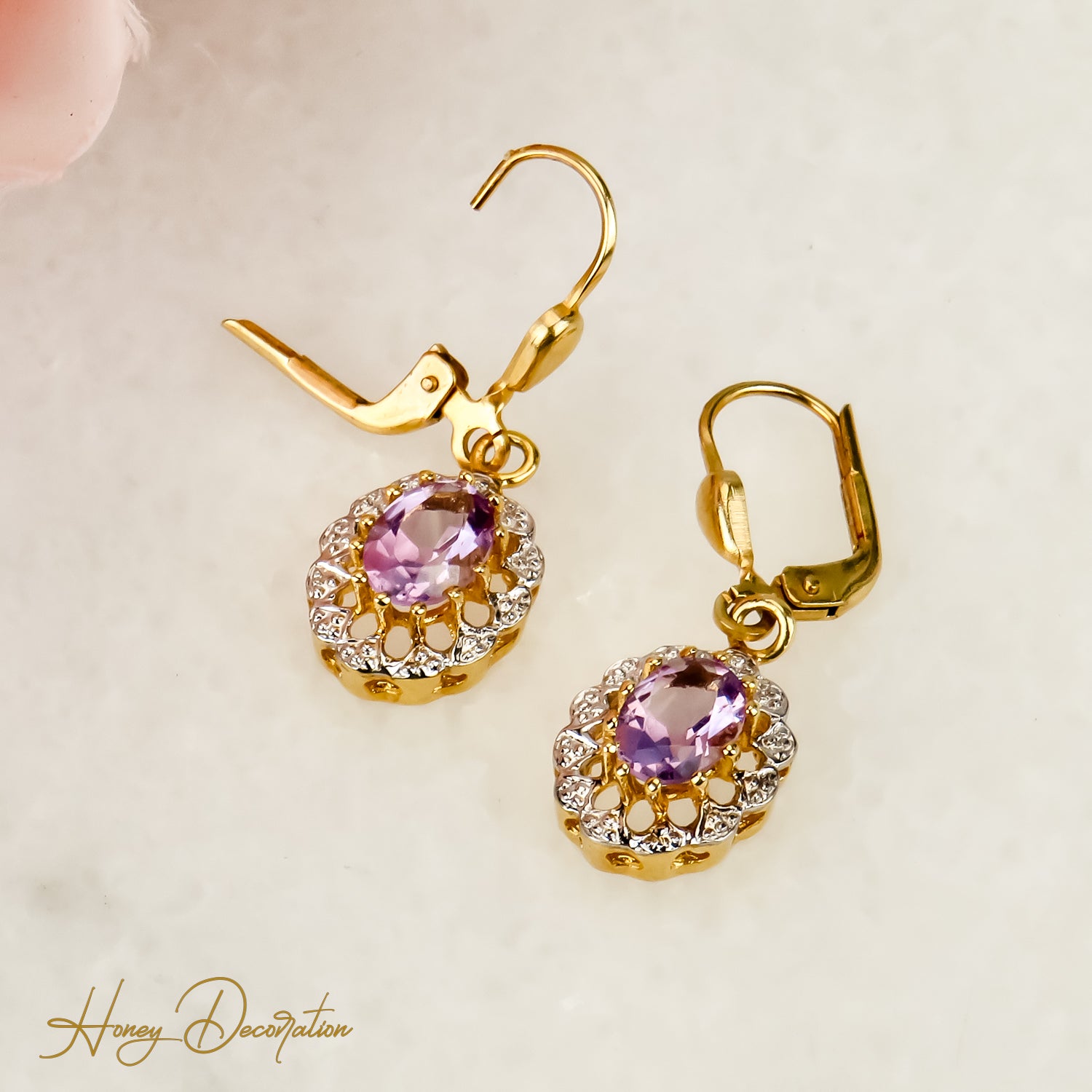 Tolle Vintage-Gold Ohrringe mit Amethyst – Verführerisch Violett