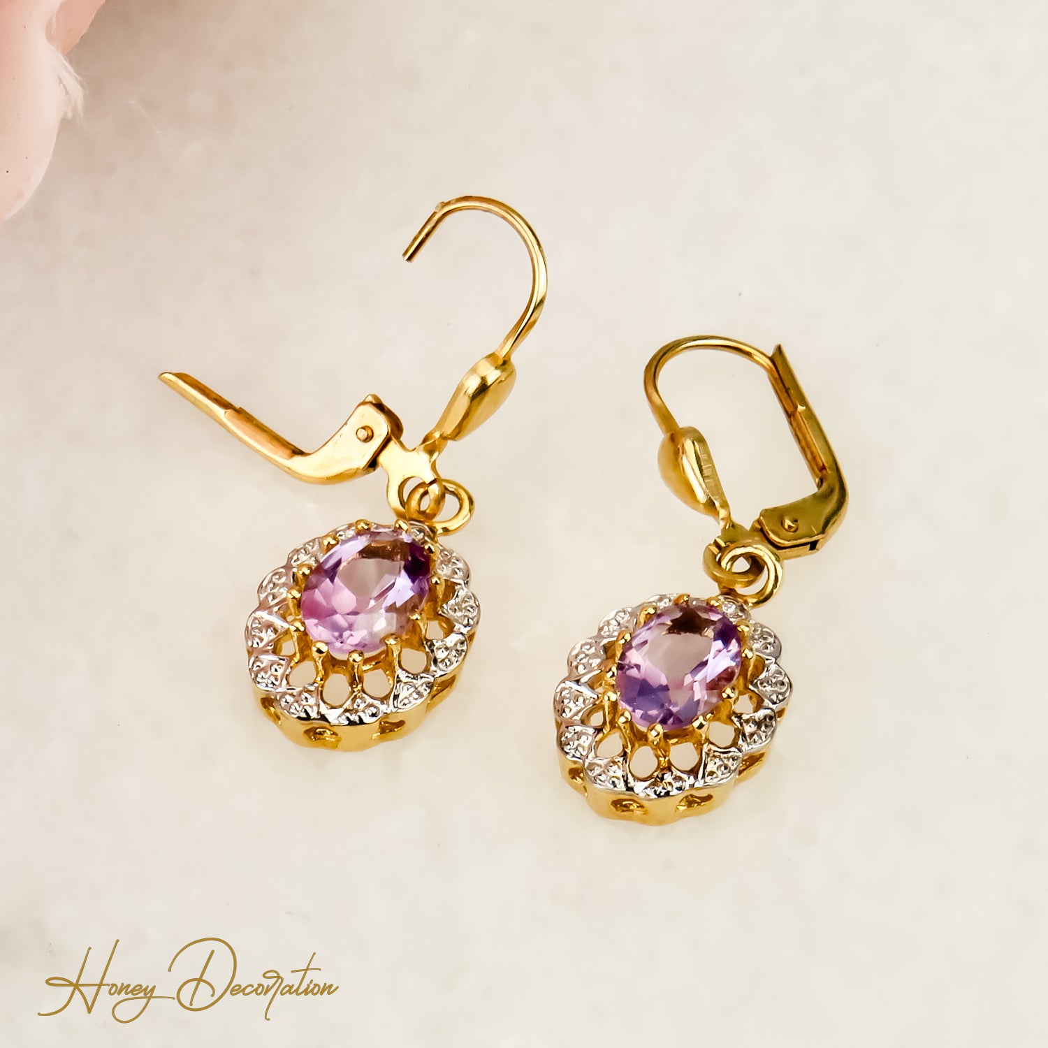 Tolle Vintage-Gold Ohrringe mit Amethyst – Verführerisch Violett