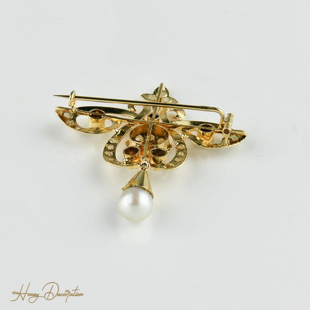 Antike Gold-Brosche mit Diamanten und Halbperlen - Honey Decoration