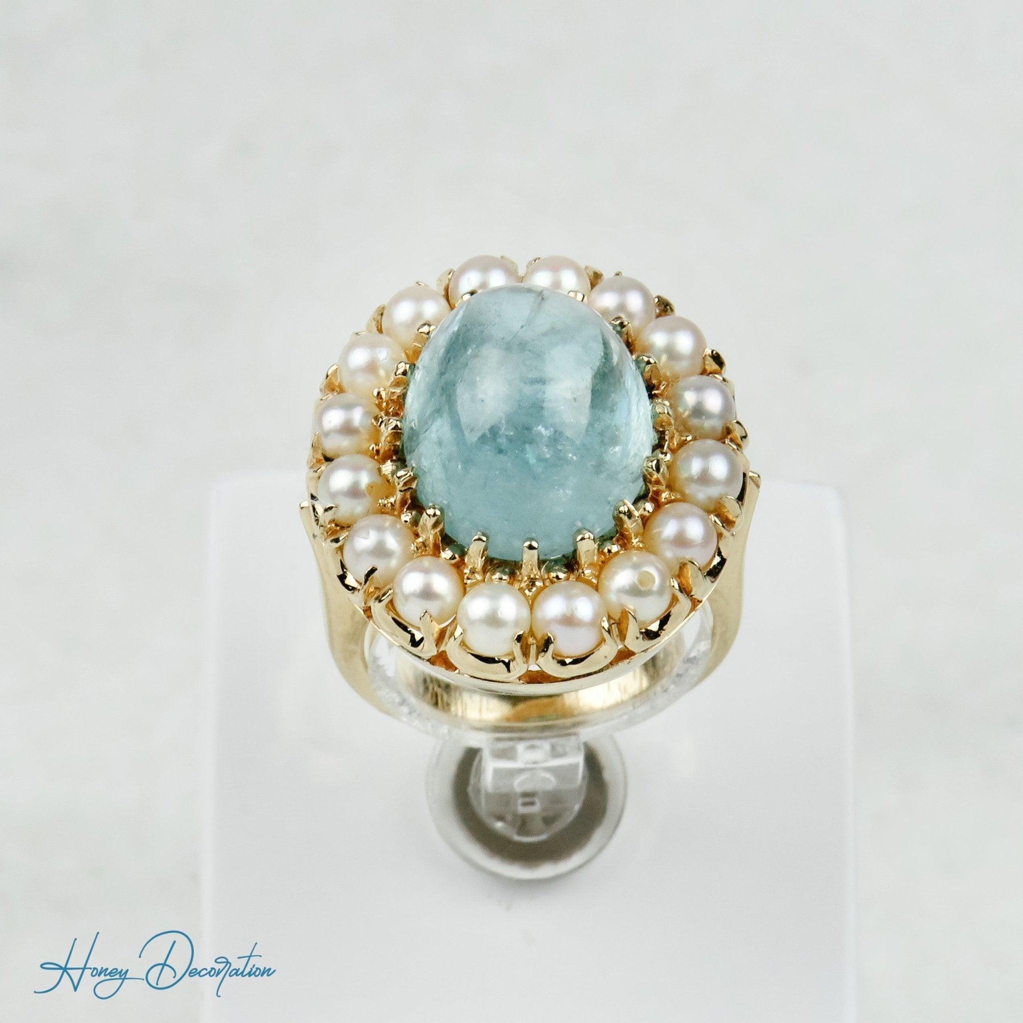 Extravaganter Vintage-Ring mit Aquamarin & Perlen aus 585 Gold - Honey Decoration