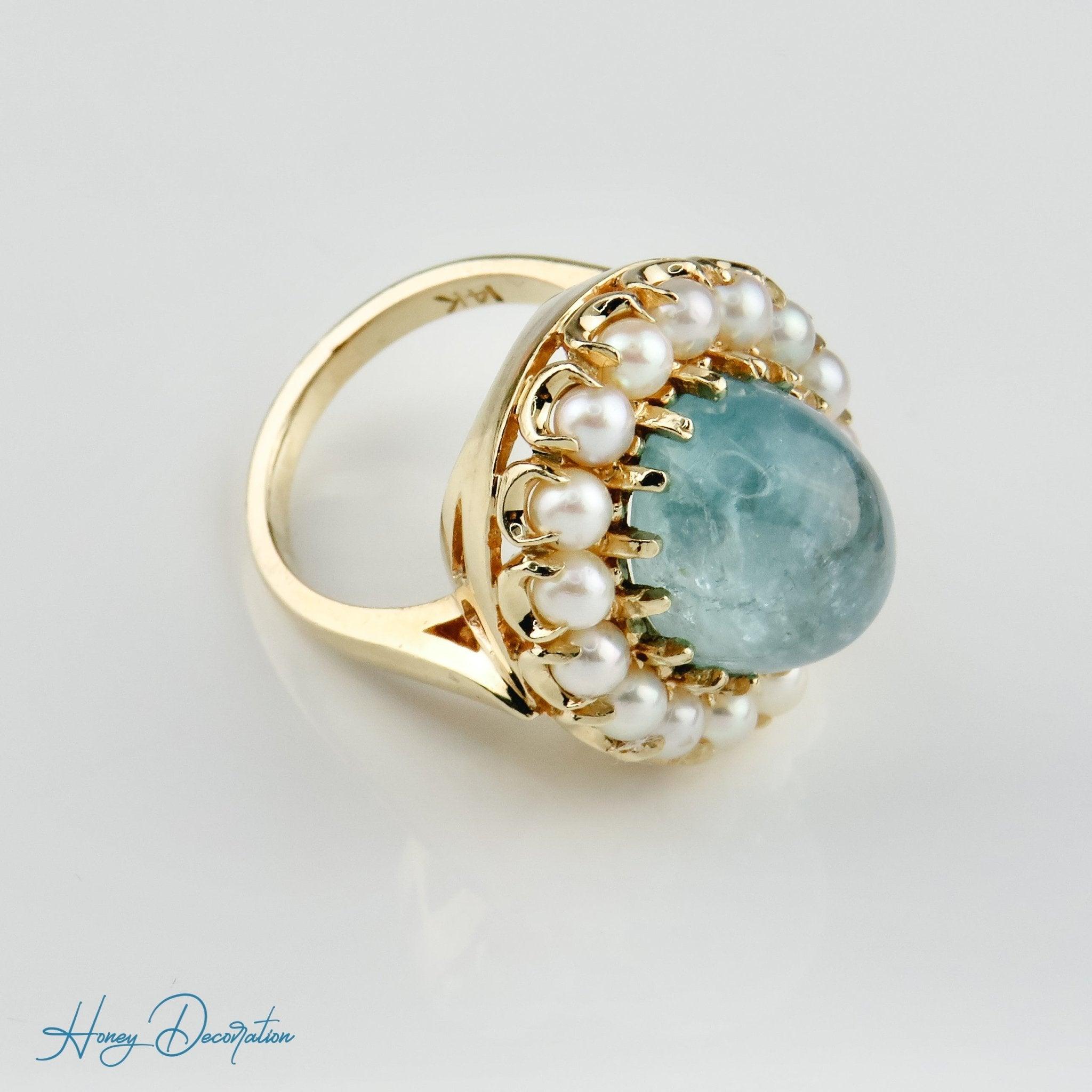 Extravaganter Vintage-Ring mit Aquamarin & Perlen aus 585 Gold - Honey Decoration