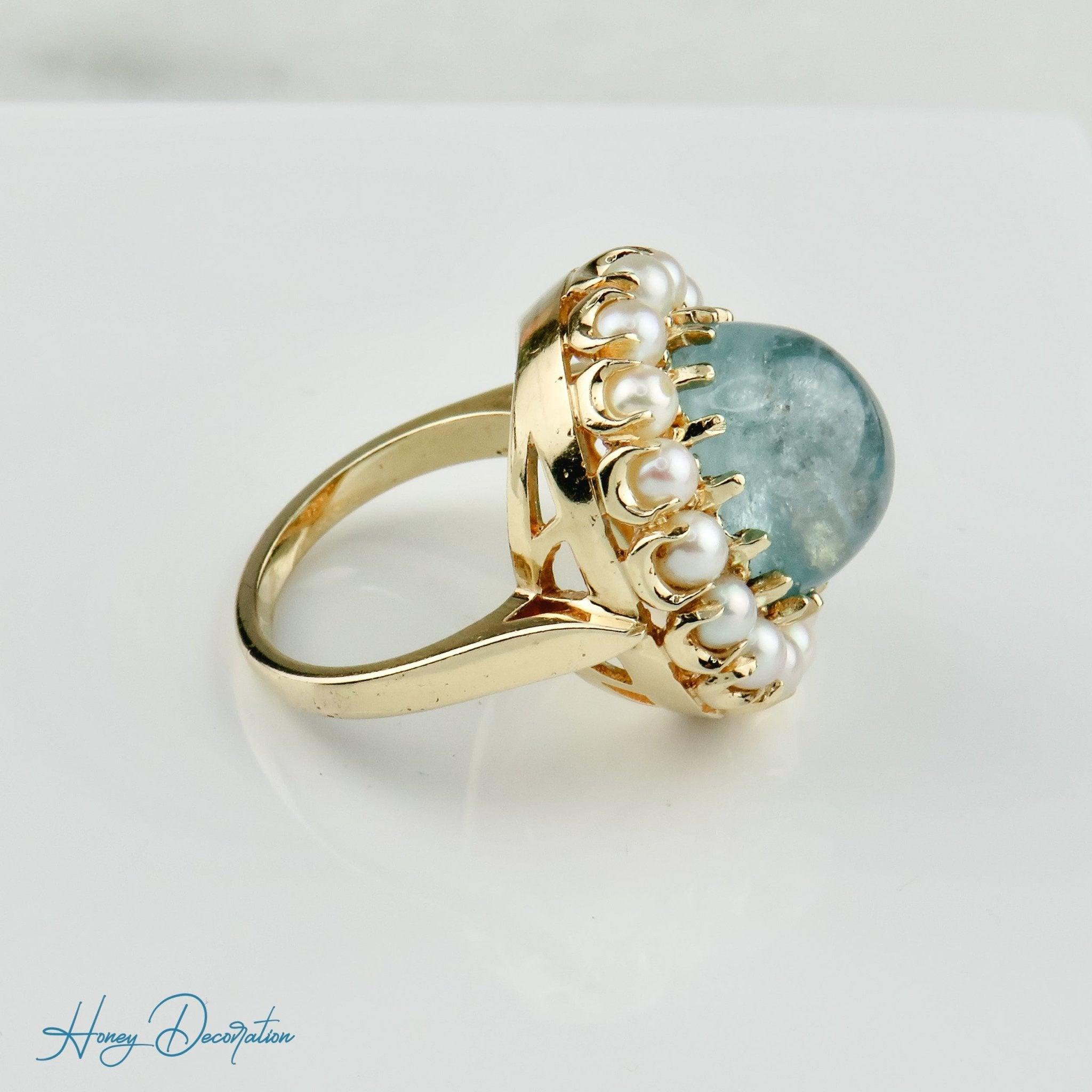 Extravaganter Vintage-Ring mit Aquamarin & Perlen aus 585 Gold - Honey Decoration