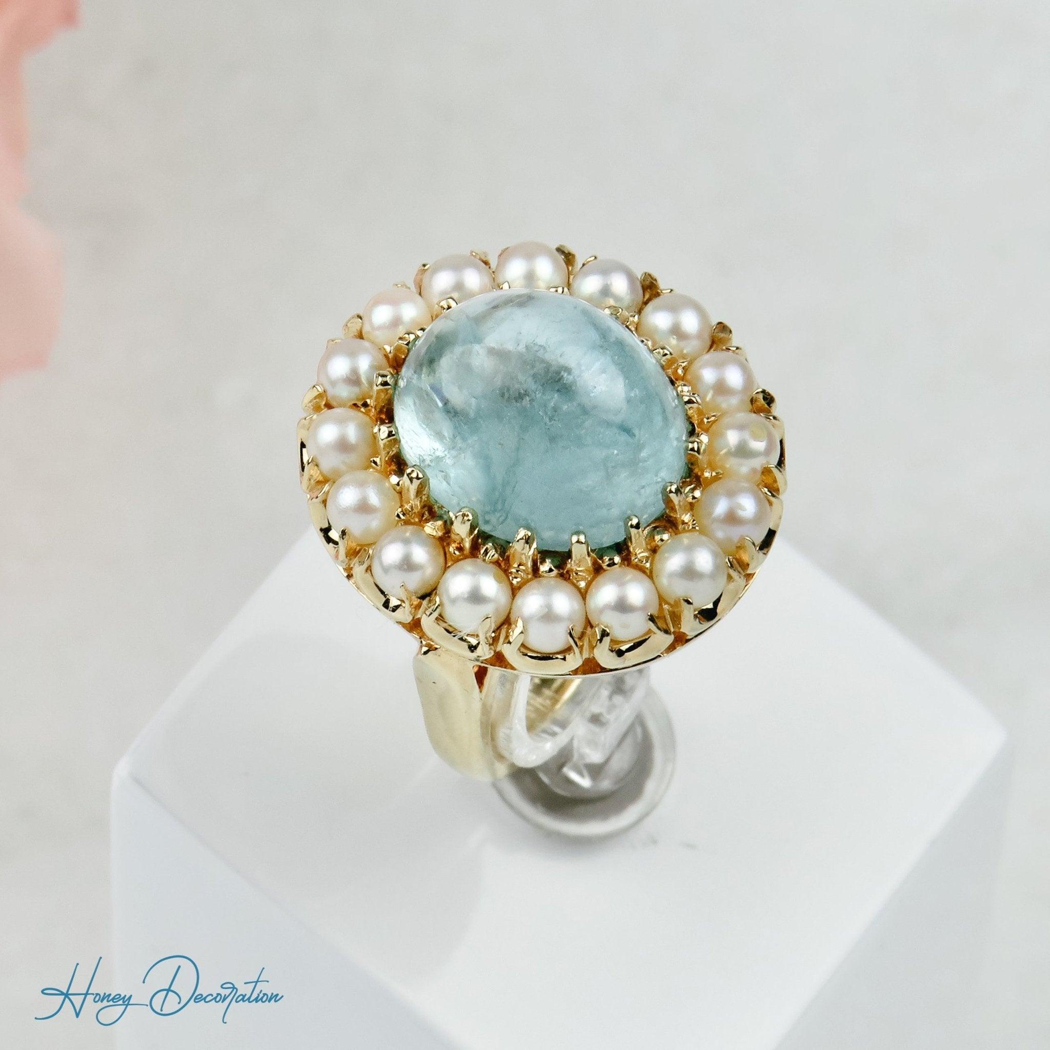 Extravaganter Vintage-Ring mit Aquamarin & Perlen aus 585 Gold - Honey Decoration