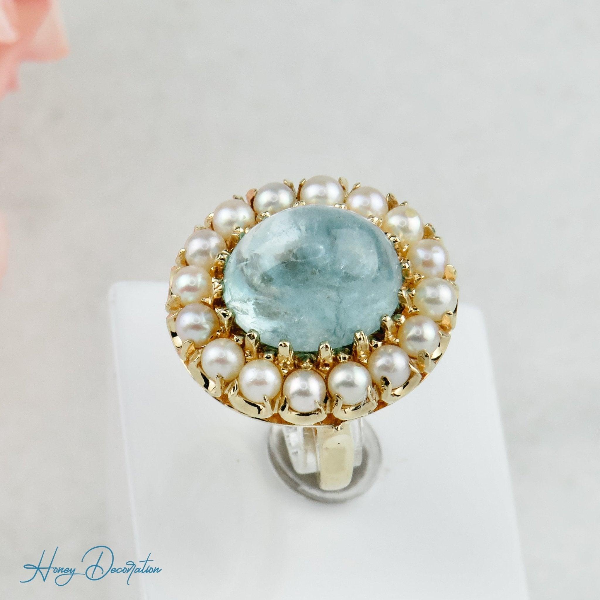 Extravaganter Vintage-Ring mit Aquamarin & Perlen aus 585 Gold - Honey Decoration