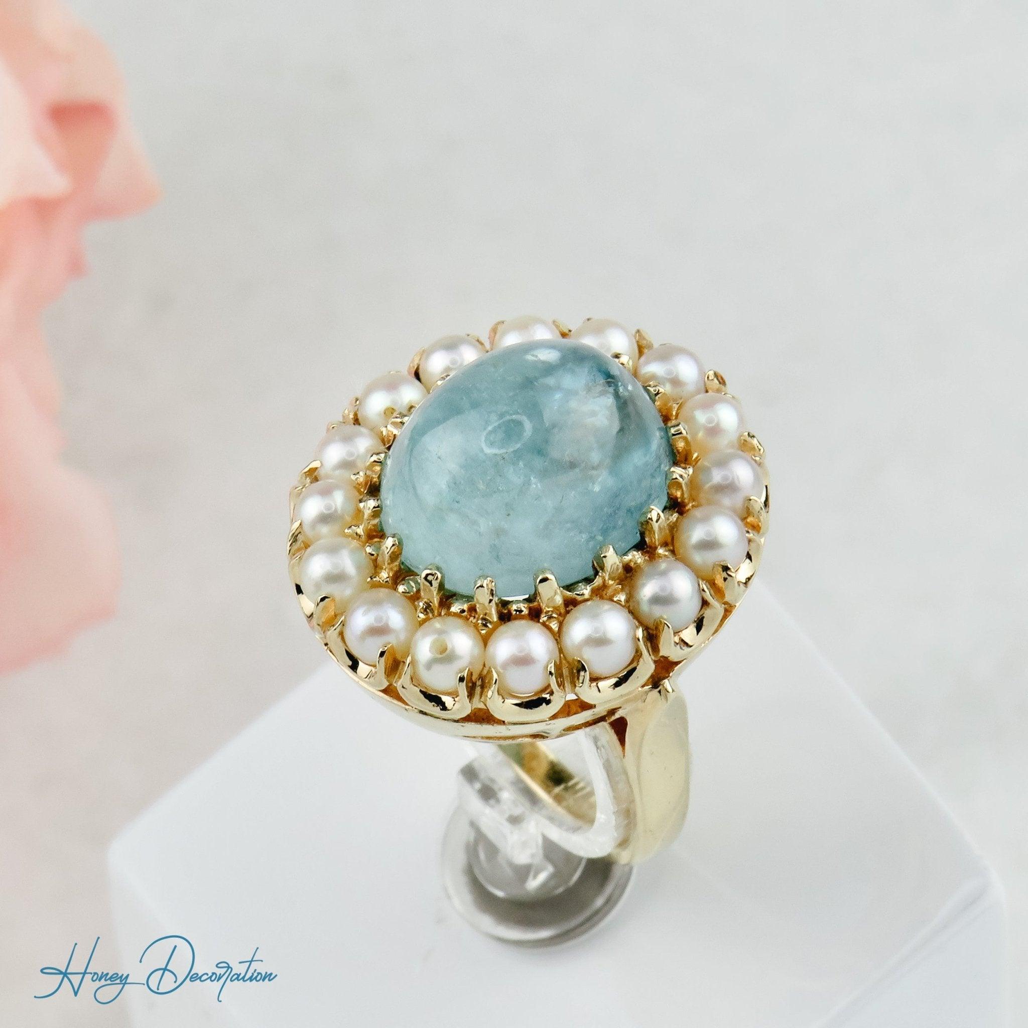 Extravaganter Vintage-Ring mit Aquamarin & Perlen aus 585 Gold - Honey Decoration