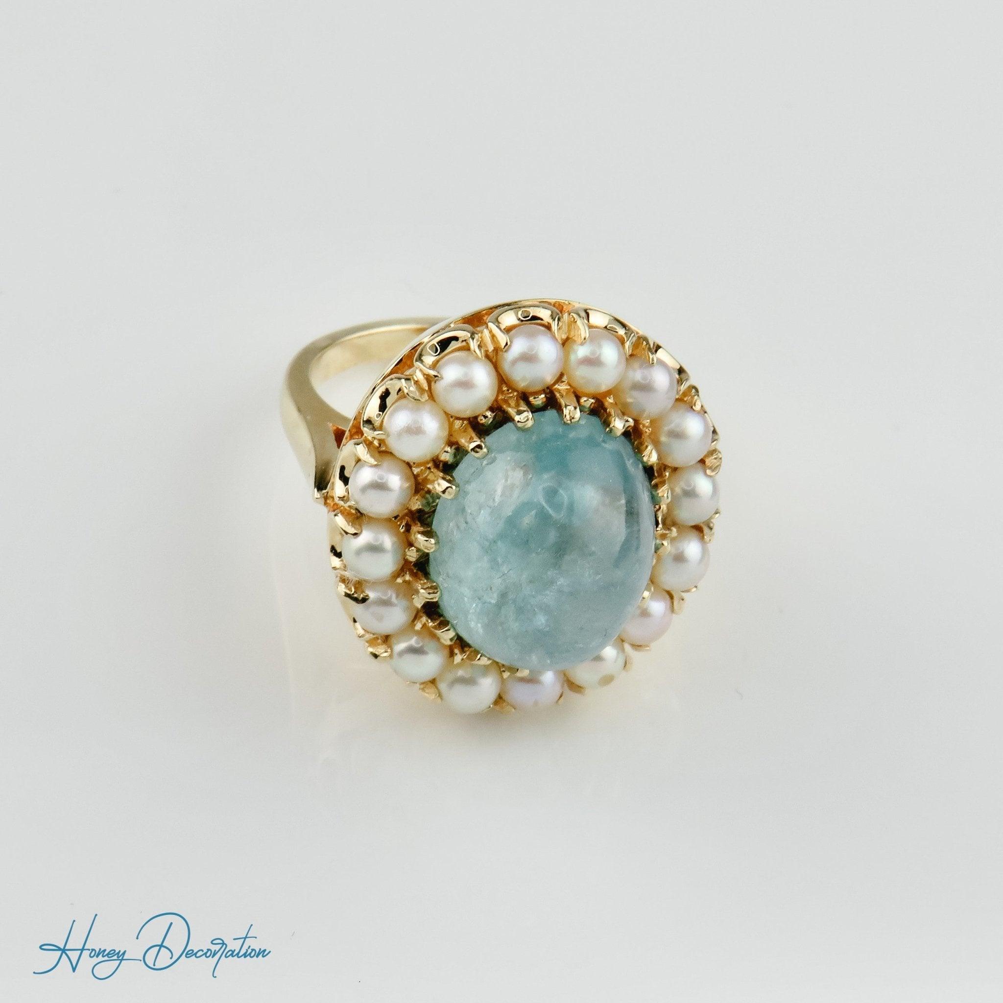 Extravaganter Vintage-Ring mit Aquamarin & Perlen aus 585 Gold - Honey Decoration